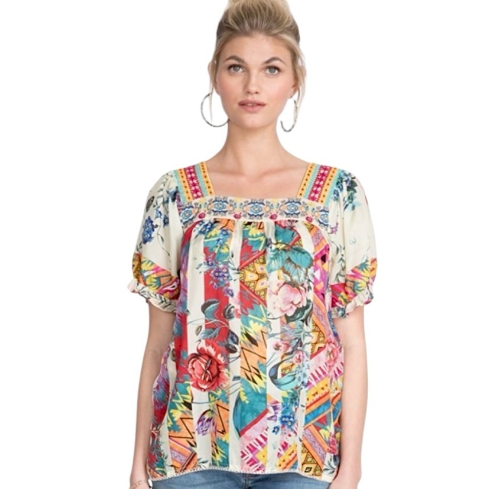 Johnny Was Blouse Size XS Tweety Mixed Print 100% Silk Floral Embroidered